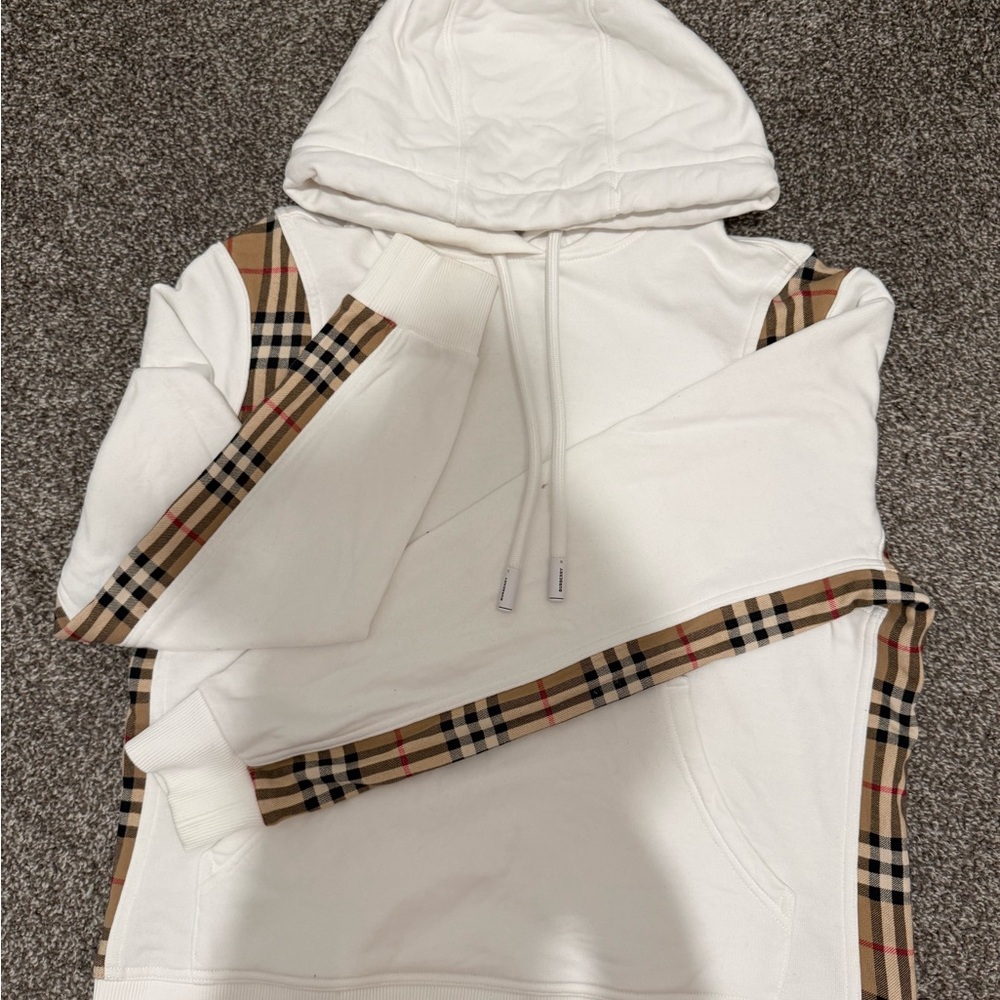Burberry White Hoodie with Plaid Detail